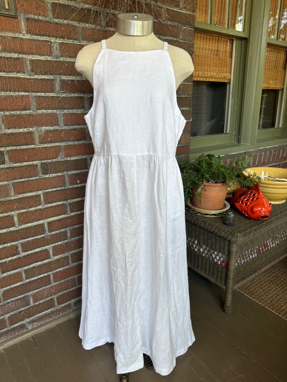 Lands End white 100% linen skinny strap midi sun dress resortwear/coastal. Sz Lg